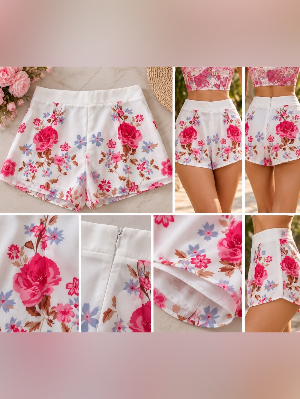White Pink Floral High Waist Flowy Summer Shorts